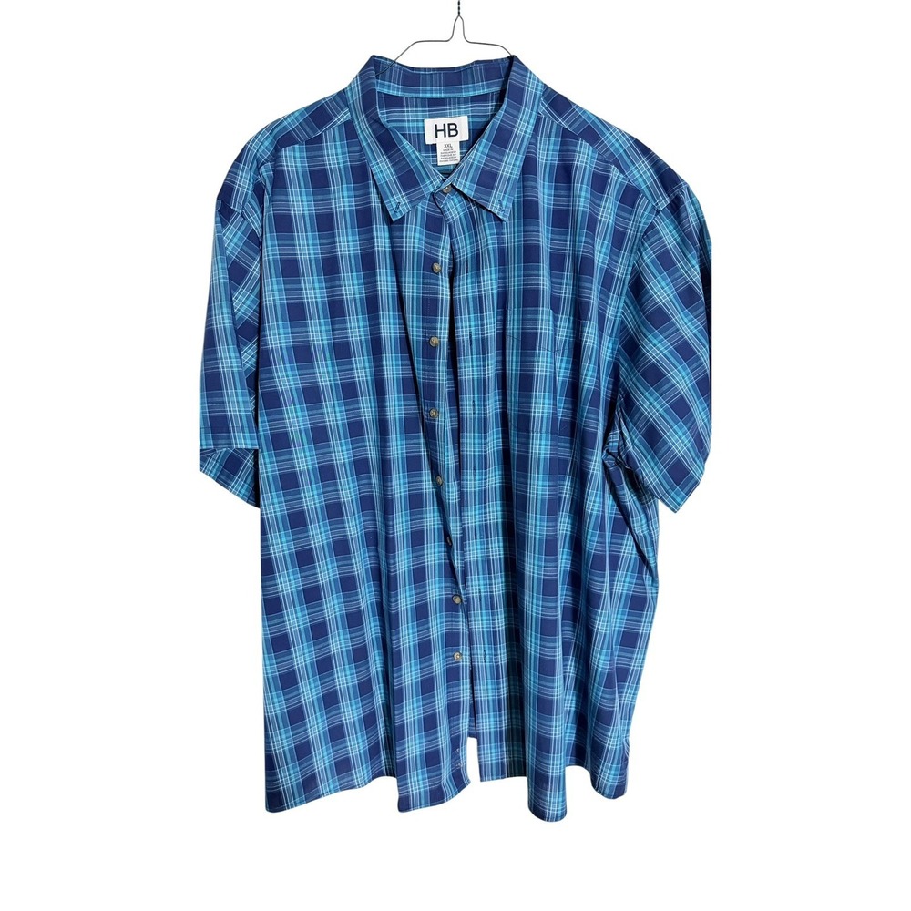 HB Mens Short Sleeve Button Down Shirt-3XL Blue Plaid Casual